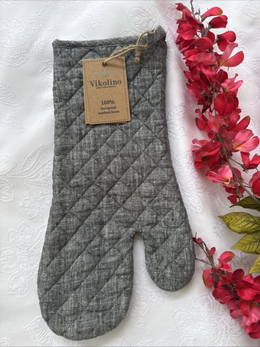 Vikolino Gray Linen Quilted Oven Glove Machine Washable 12.5" x 7" NEW